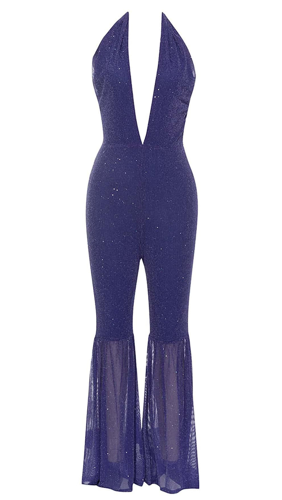 HALTER NECK BACKLESS FLARE LEG JUMPSUIT