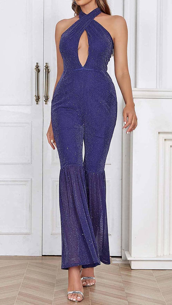 AIIZIE HALTER NECK BACKLESS FLARE LEG JUMPSUIT - product image
