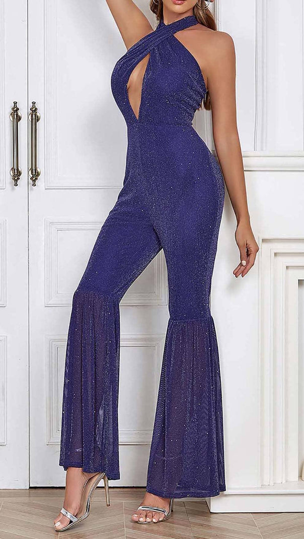 AIIZIE HALTER NECK BACKLESS FLARE LEG JUMPSUIT - product image