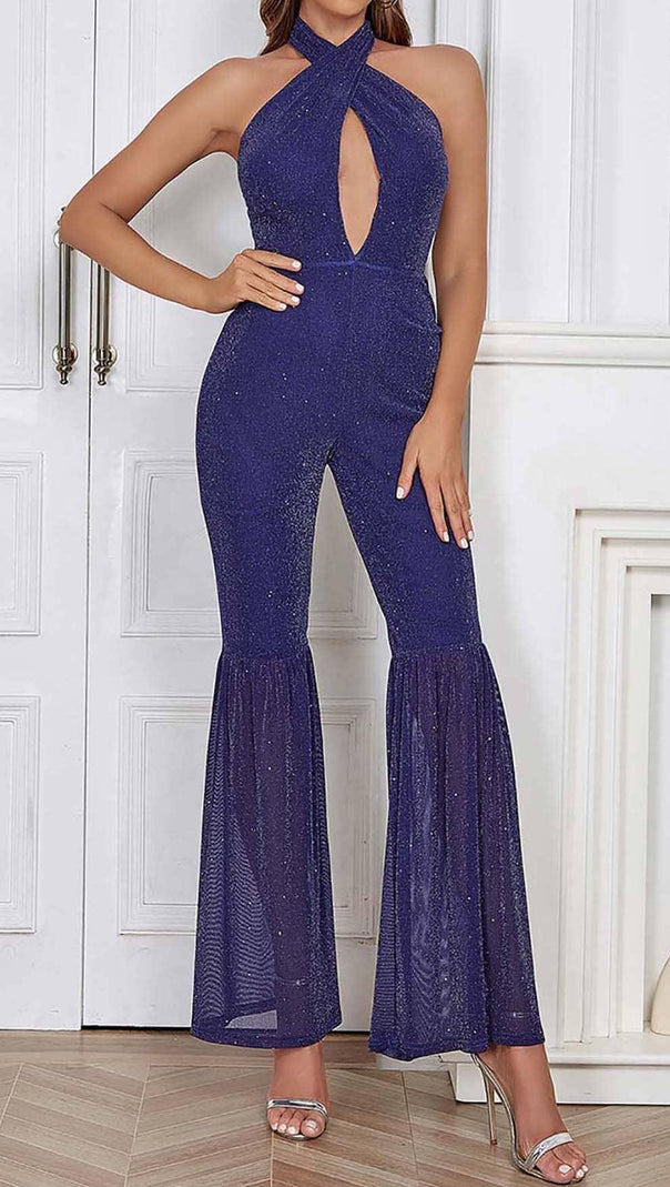 AIIZIE HALTER NECK BACKLESS FLARE LEG JUMPSUIT - product image