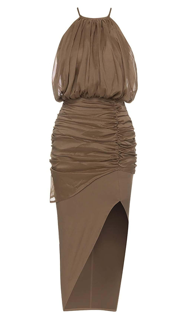 AIIZIE HALTER NECK SATIN DRESS IN BROWN - product image
