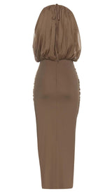 HALTER NECK SATIN DRESS IN BROWN