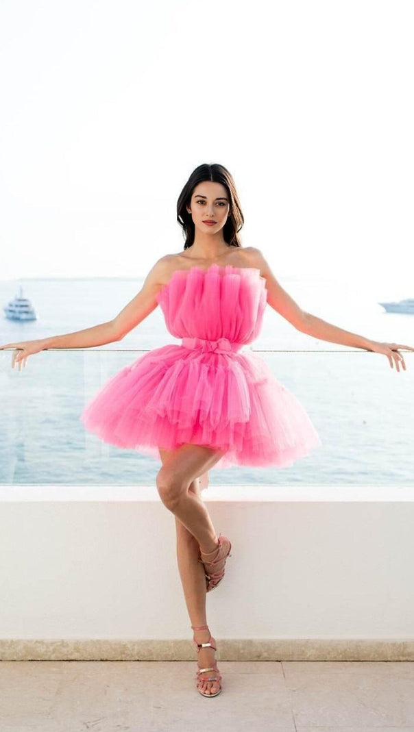 AIIZIE LAYERED STRAPLESS MINI DRESS IN HOT PINK - product image