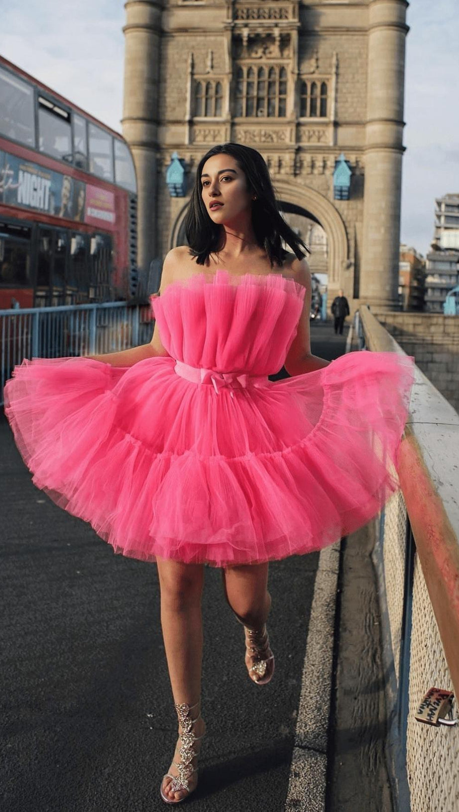 LAYERED STRAPLESS MINI DRESS IN HOT PINK
