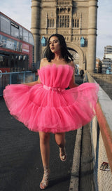 LAYERED STRAPLESS MINI DRESS IN HOT PINK