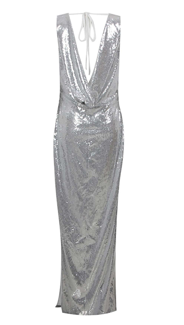 AIIZIE MBELLISHED V-NECK COLUMN GOWN IN SILVER - product image