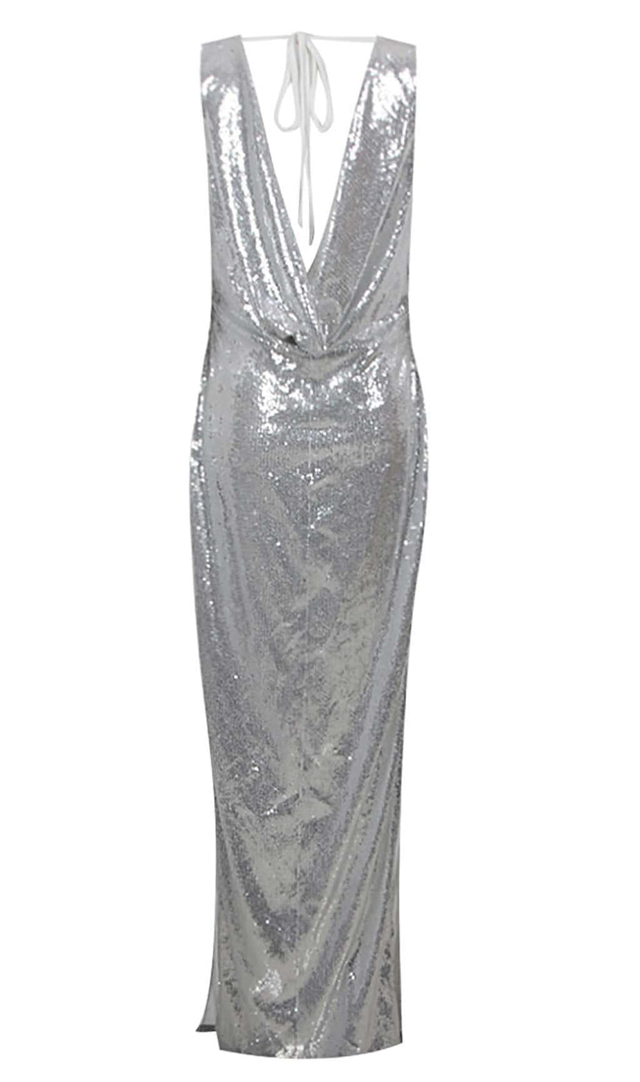 VERZIERTES V-AUSSCHNITT-KLEID IN SILBER