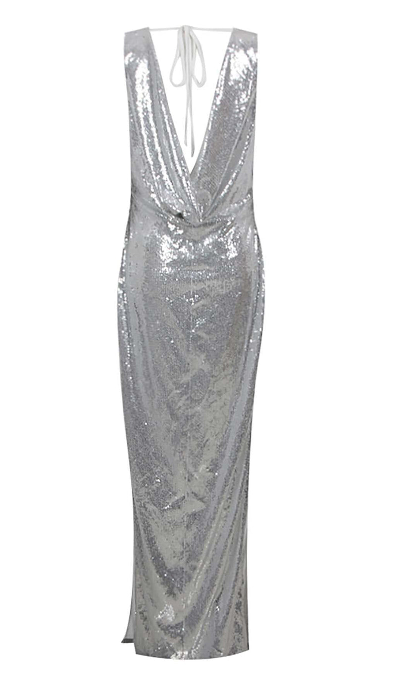 MBELLISHED V-NECK COLUMN GOWN IN SILVER