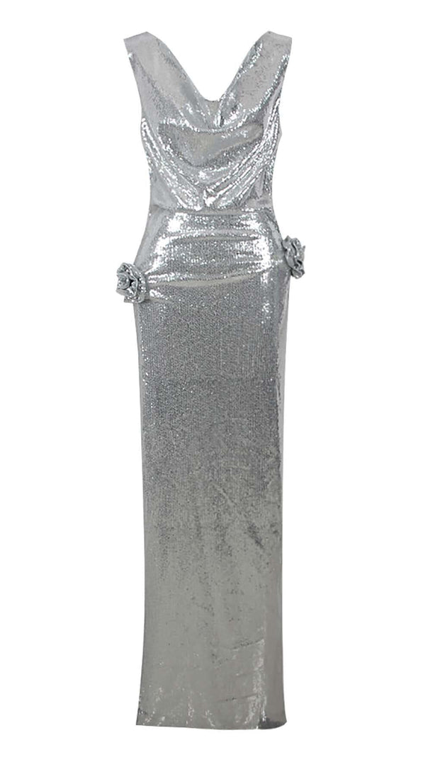 AIIZIE MBELLISHED V-NECK COLUMN GOWN IN SILVER - product image