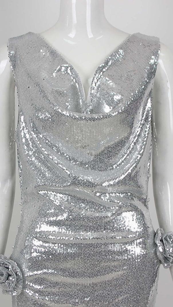 AIIZIE MBELLISHED V-NECK COLUMN GOWN IN SILVER - product image