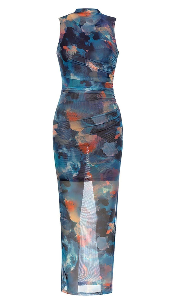 MOCK NECK MESH BODYCON MIDI DRESS IN MULTI COLOR