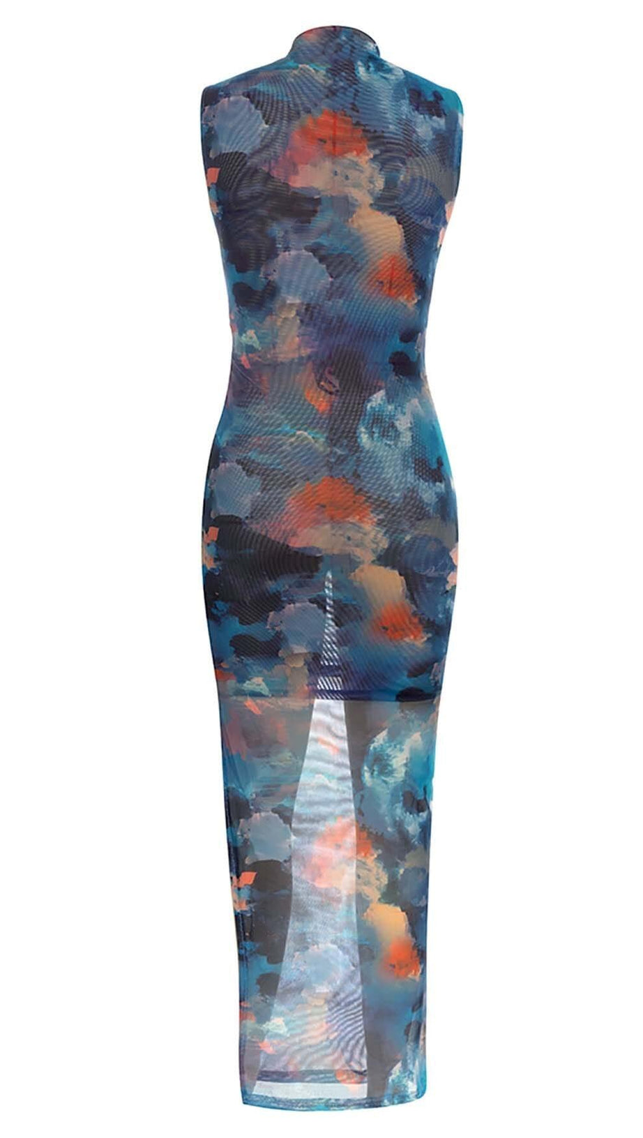 ABITO MIDI ADERENTE IN RETE CON COLLO ALTO MULTICOLORE