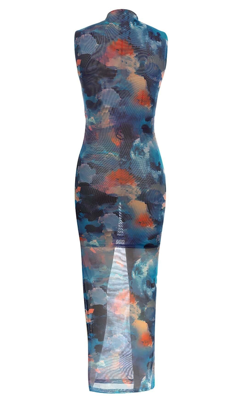 MOCK NECK MESH BODYCON MIDI DRESS IN MULTI COLOR