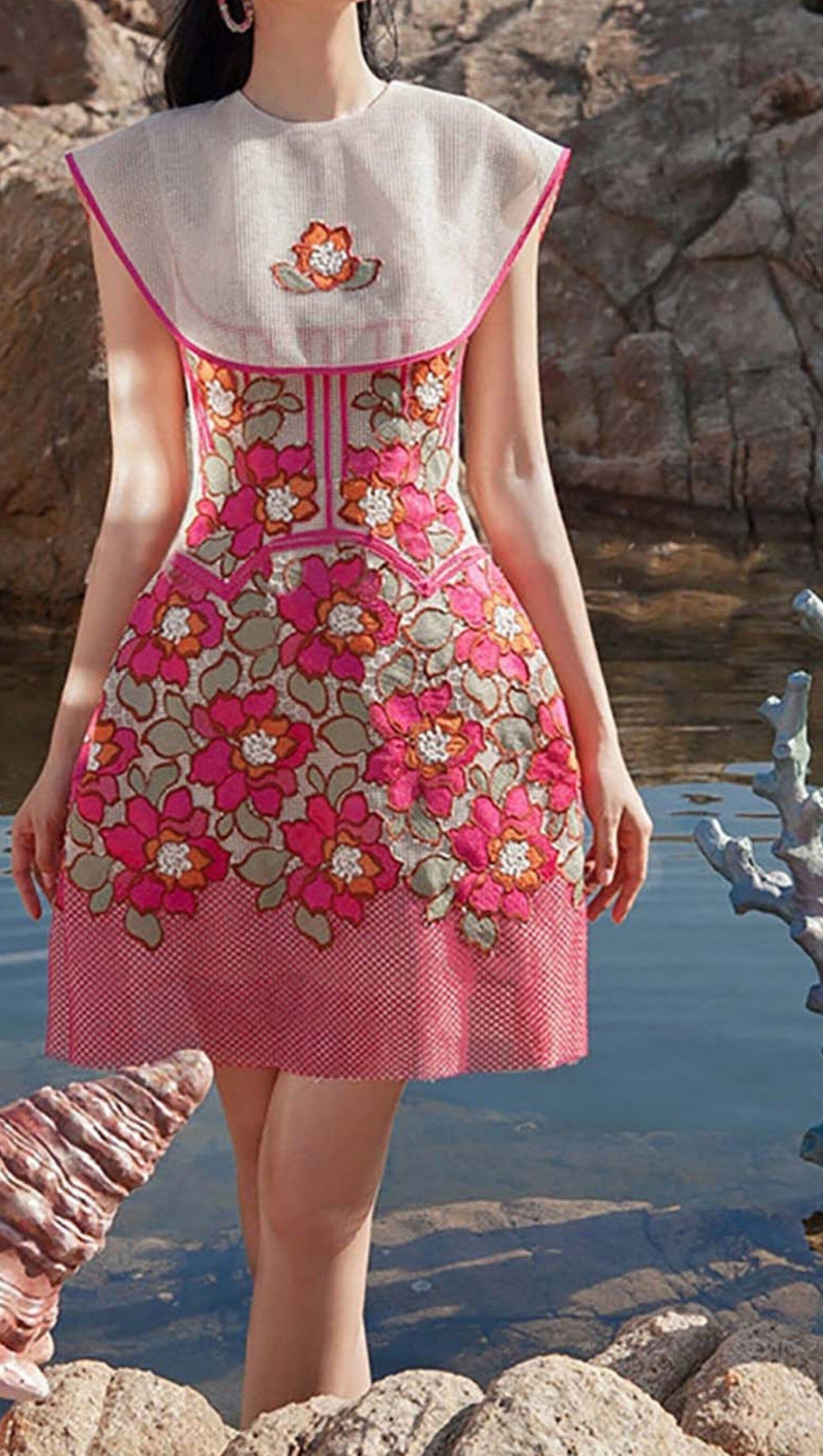 PETALS EMBROIDERED HEM MINI DRESS