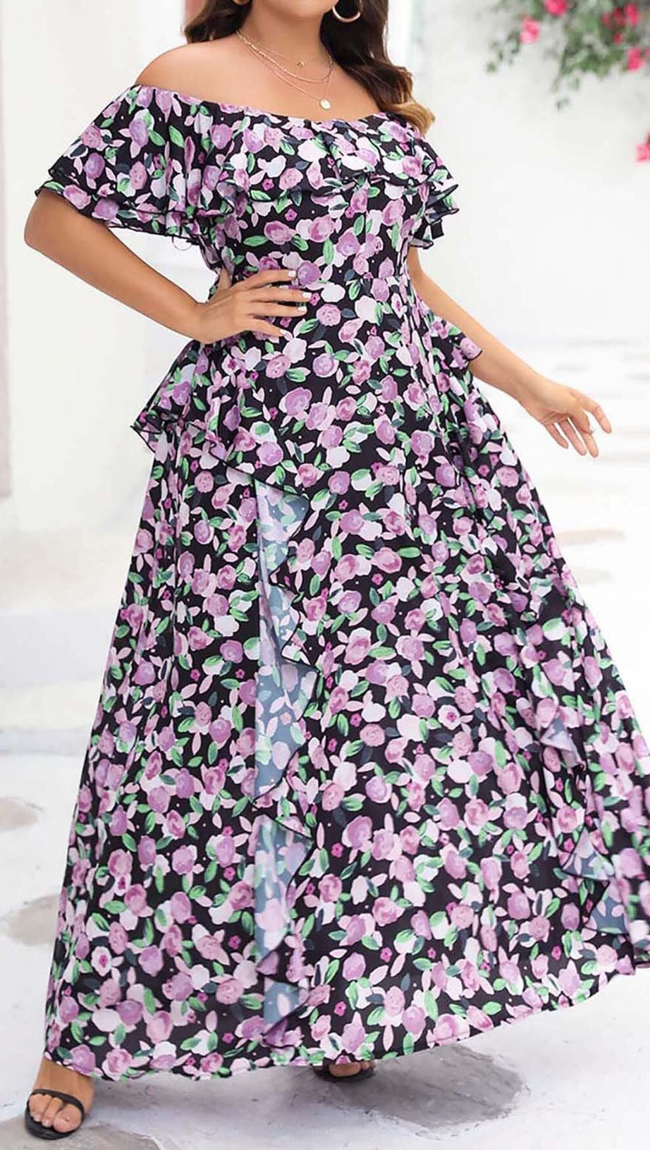 PLUS SIZE FLORAL RUCHED SLIT MIDI DRESS