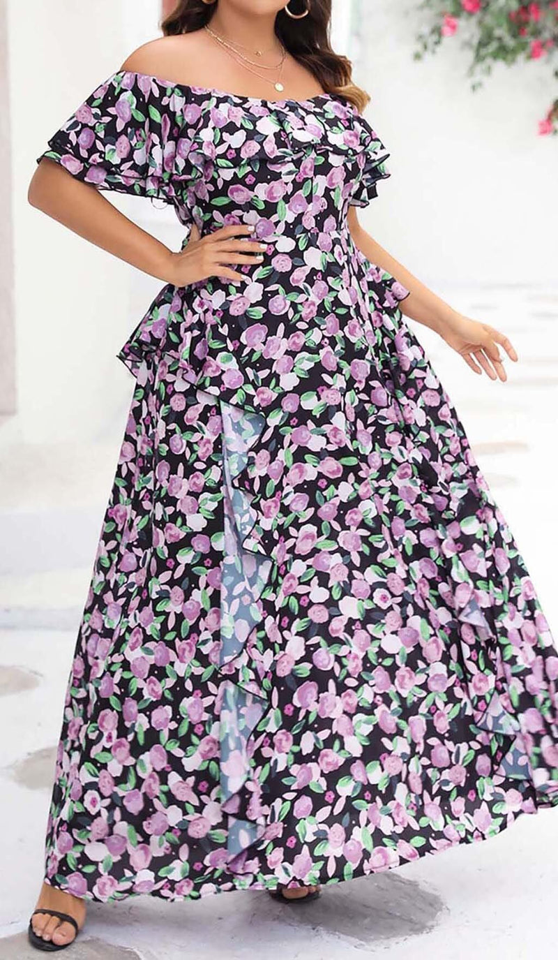 PLUS SIZE FLORAL RUCHED SLIT MIDI DRESS