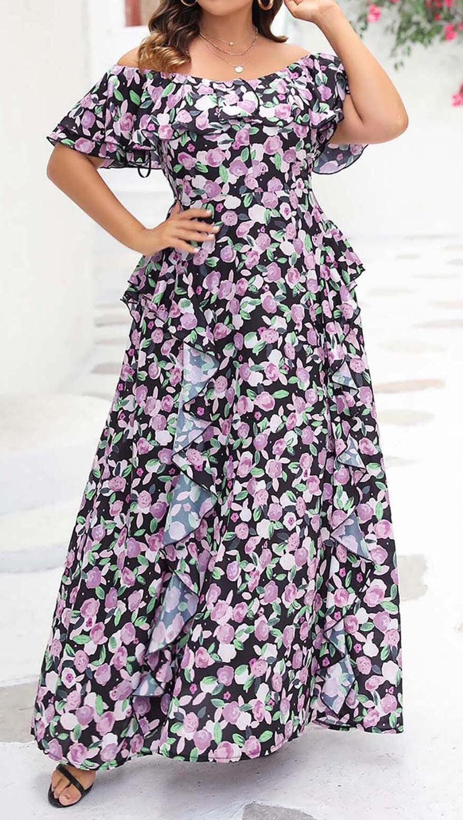 PLUS SIZE FLORAL RUCHED SLIT MIDI DRESS