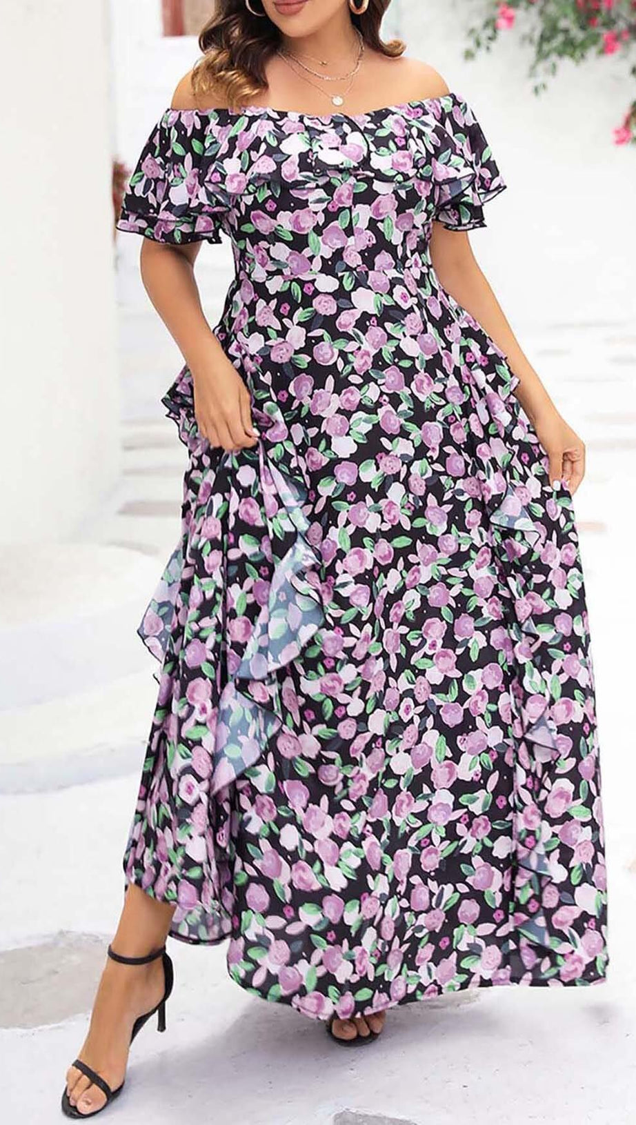 PLUS SIZE FLORAL RUCHED SLIT MIDI DRESS