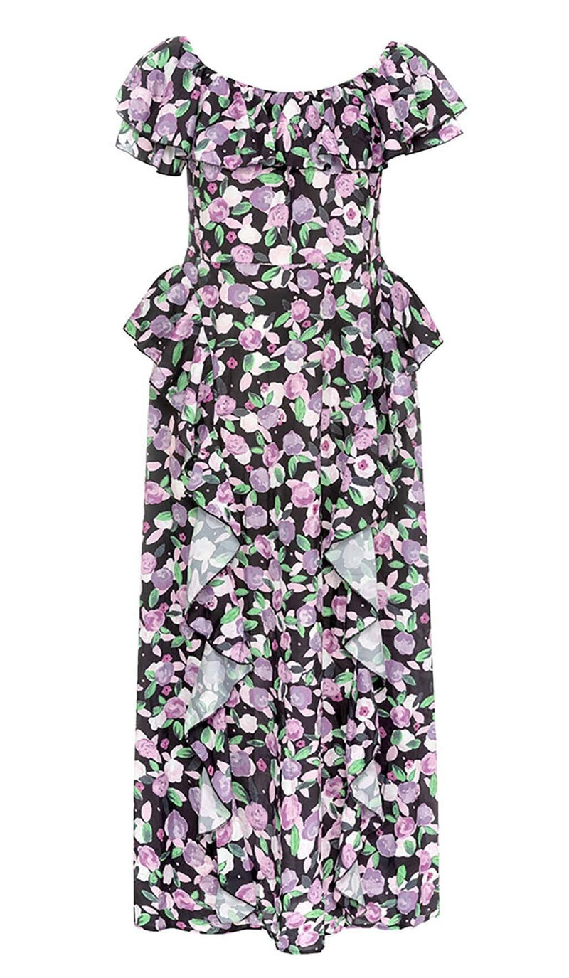 PLUS SIZE FLORAL RUCHED SLIT MIDI DRESS