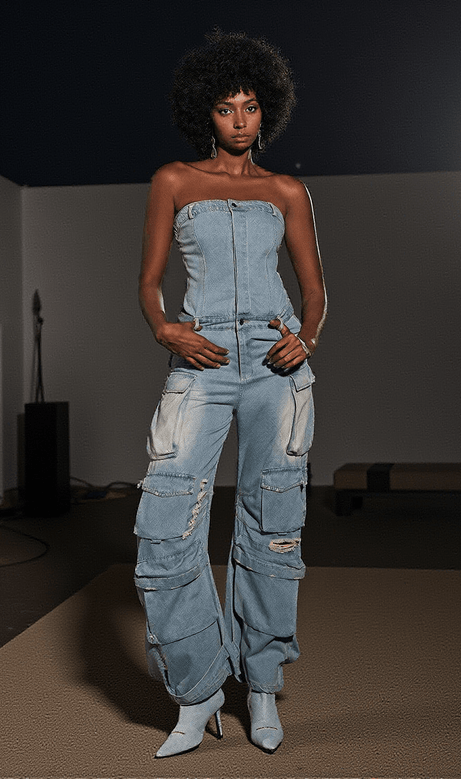 Eden Strapless Pocket Denim Jumpsuit In Blue