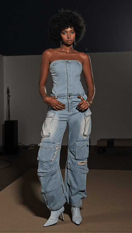 EDEN STRAPLESS POCKET DENIM JUMPSUIT IN BLUE