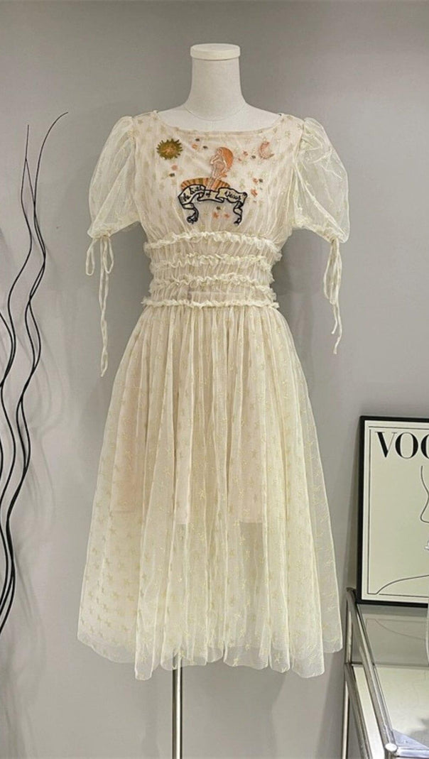 AIIZIE PUFF SLEEVE HIGH WAIST EMBROIDERY MIDI DRESS IN WHITE - product image