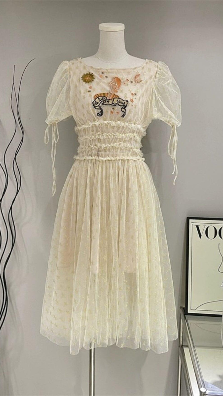 PUFF SLEEVE HIGH WAIST EMBROIDERY MIDI DRESS IN WHITE