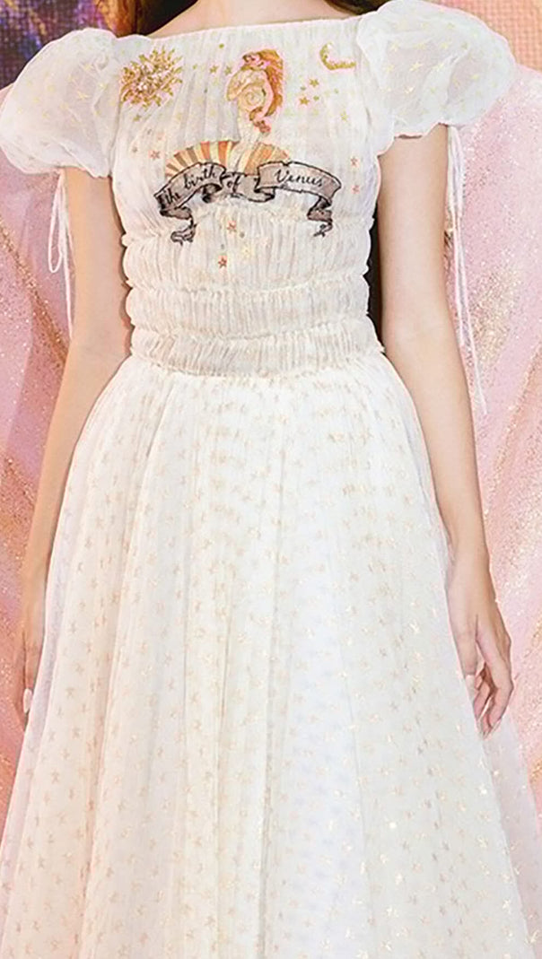 AIIZIE PUFF SLEEVE HIGH WAIST EMBROIDERY MIDI DRESS IN WHITE - product image