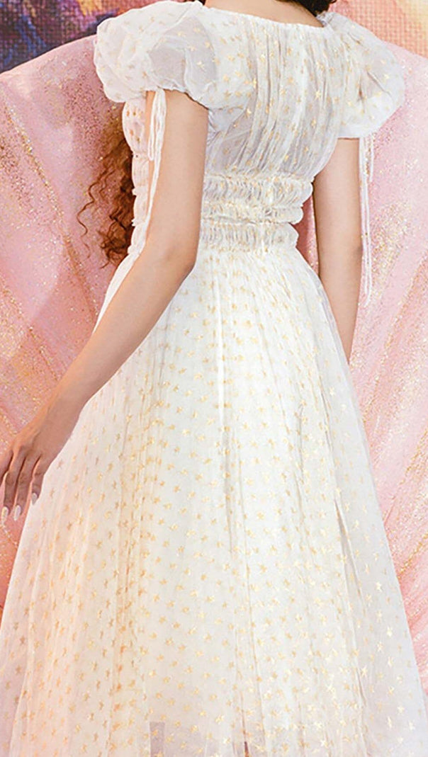 AIIZIE PUFF SLEEVE HIGH WAIST EMBROIDERY MIDI DRESS IN WHITE - product image