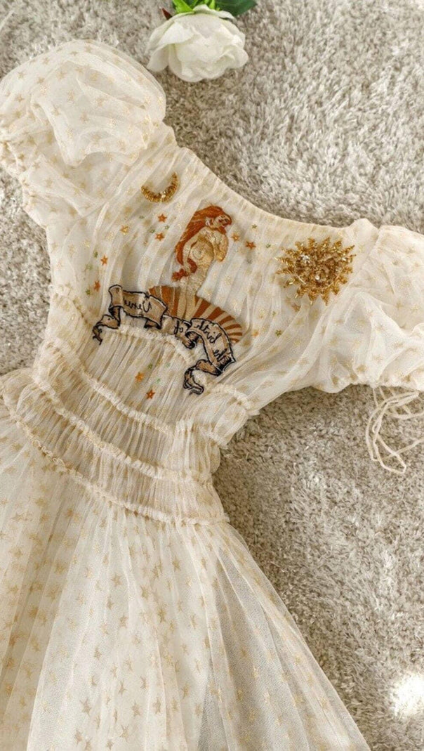 AIIZIE PUFF SLEEVE HIGH WAIST EMBROIDERY MIDI DRESS IN WHITE - product image
