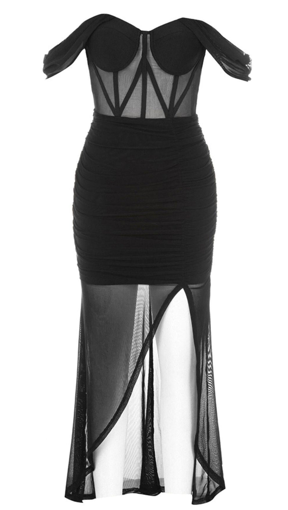 LACE BANDEAU RUCHED DRESS IN BLACK