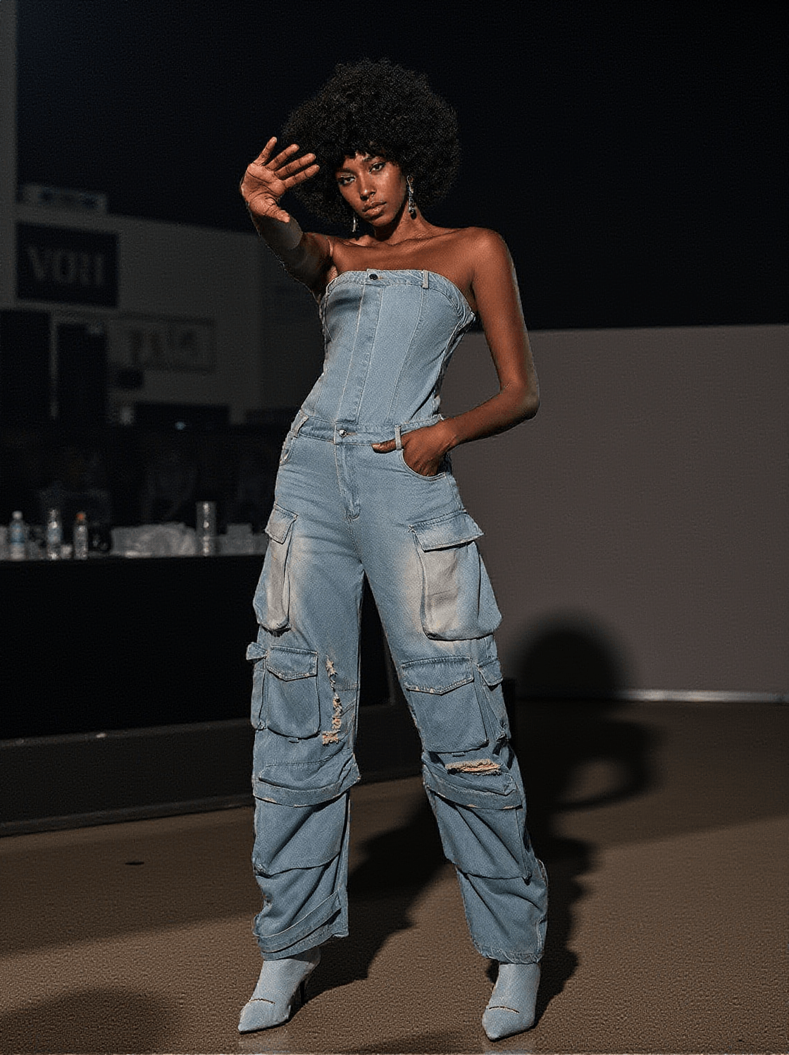 EDEN STRAPLESS POCKET DENIM JUMPSUIT IN BLUE