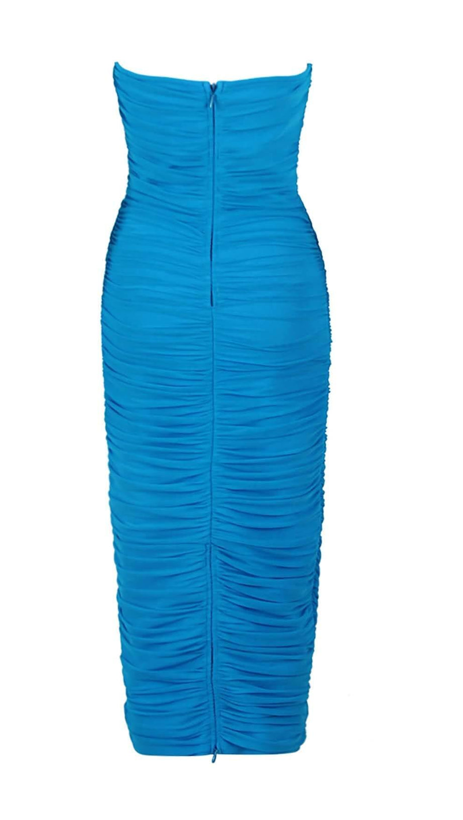 RUCHED BANDEAU MIDI DRESS IN BLUE