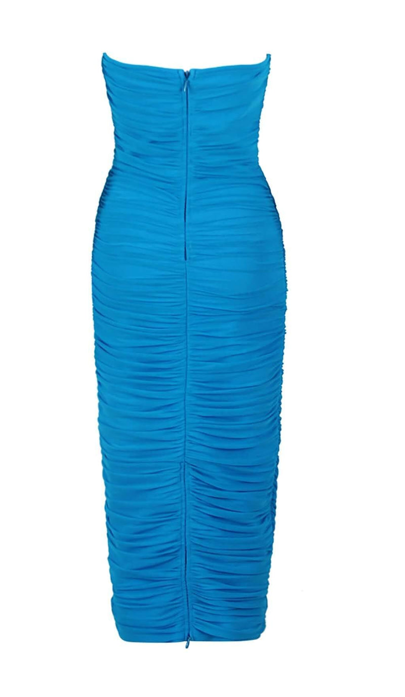 RUCHED BANDEAU MIDI DRESS IN BLUE