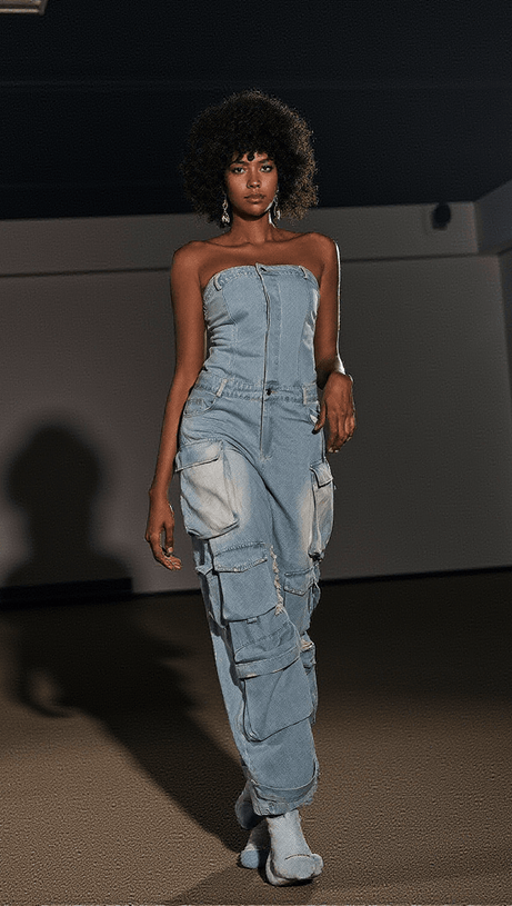 EDEN STRAPLESS POCKET DENIM JUMPSUIT IN BLUE