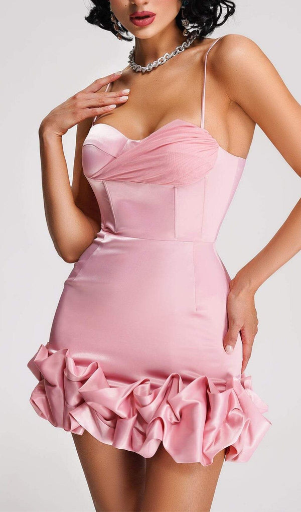 RUFFLED CORSET MINI DRESS IN PEACH