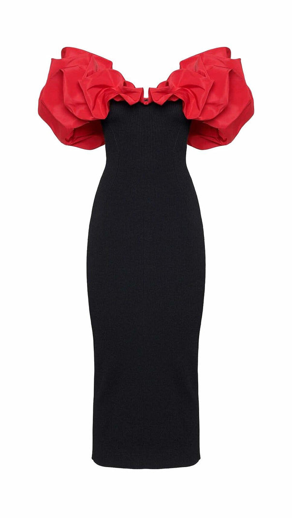 AIIZIE RUFFLED PENCIL MIDI DRESS IN BLACK - product image