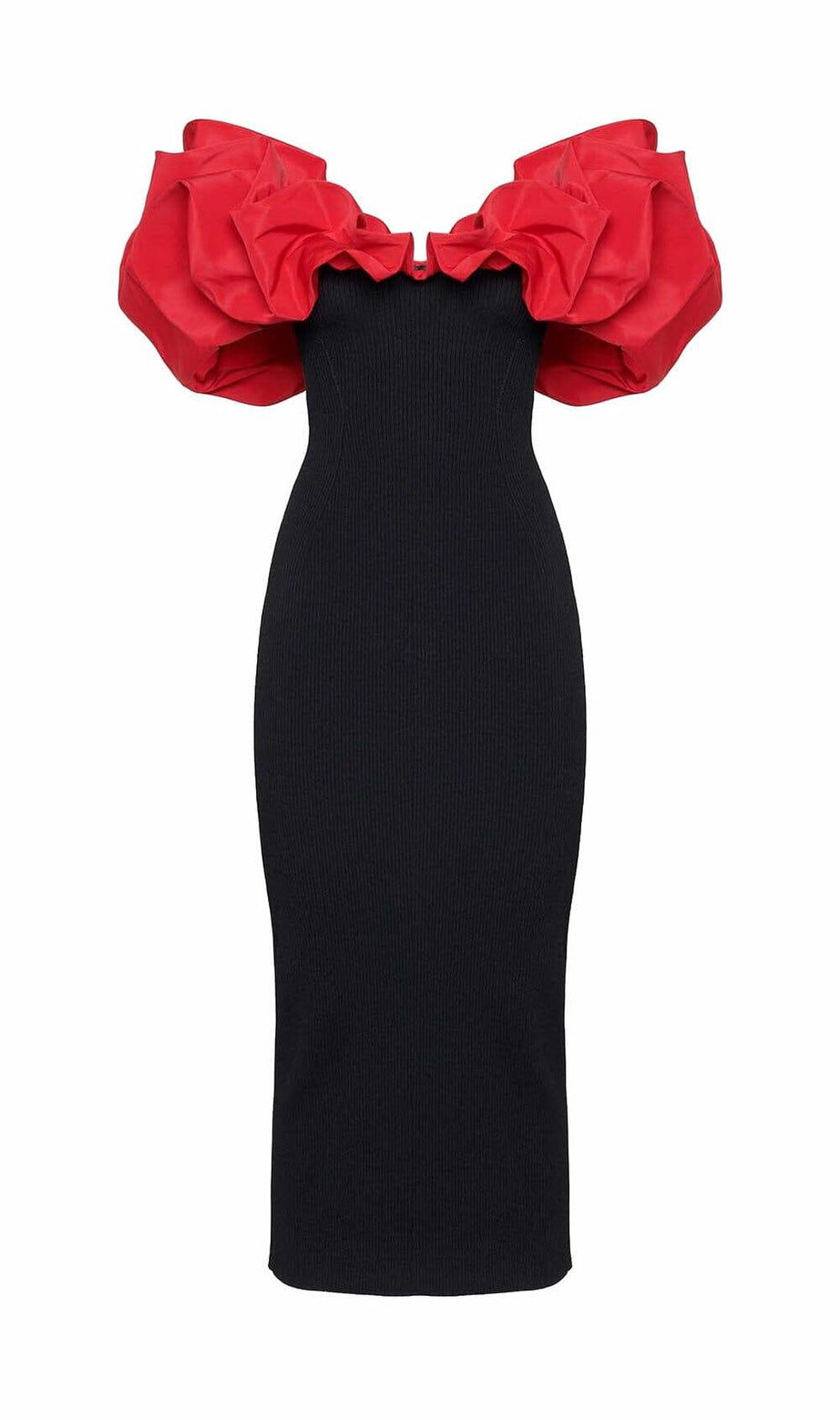 RUFFLED PENCIL MIDI DRESS IN BLACK