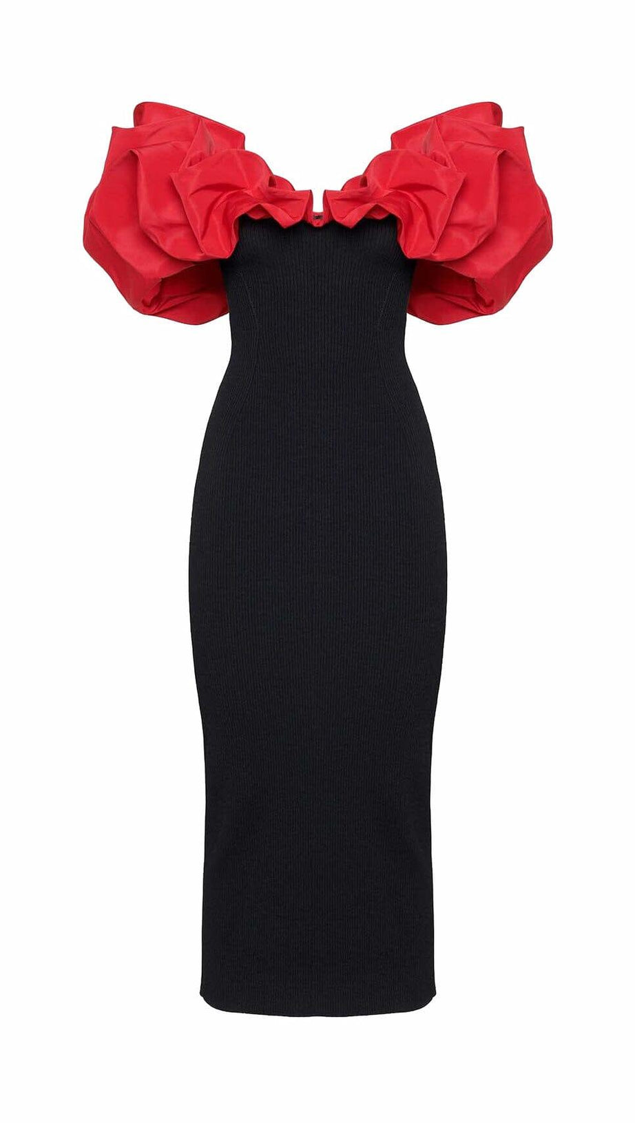 RUFFLED PENCIL MIDI DRESS IN BLACK