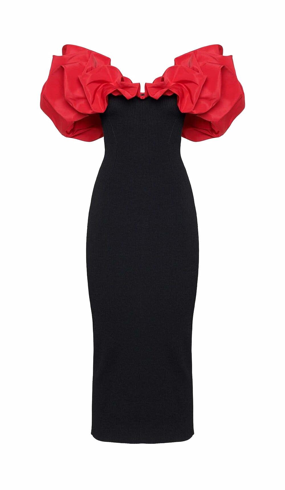 ABITO MIDI A MATITA CON VOLANT NERO