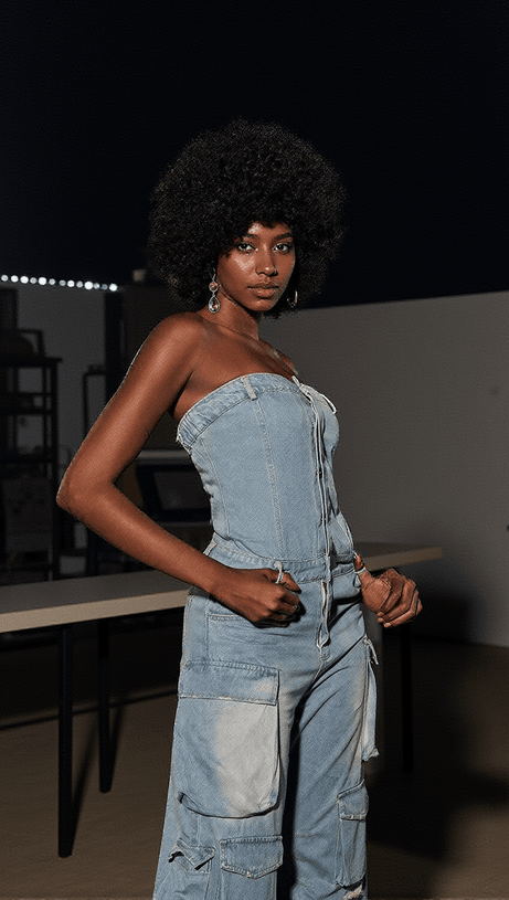 EDEN STRAPLESS POCKET DENIM JUMPSUIT IN BLUE