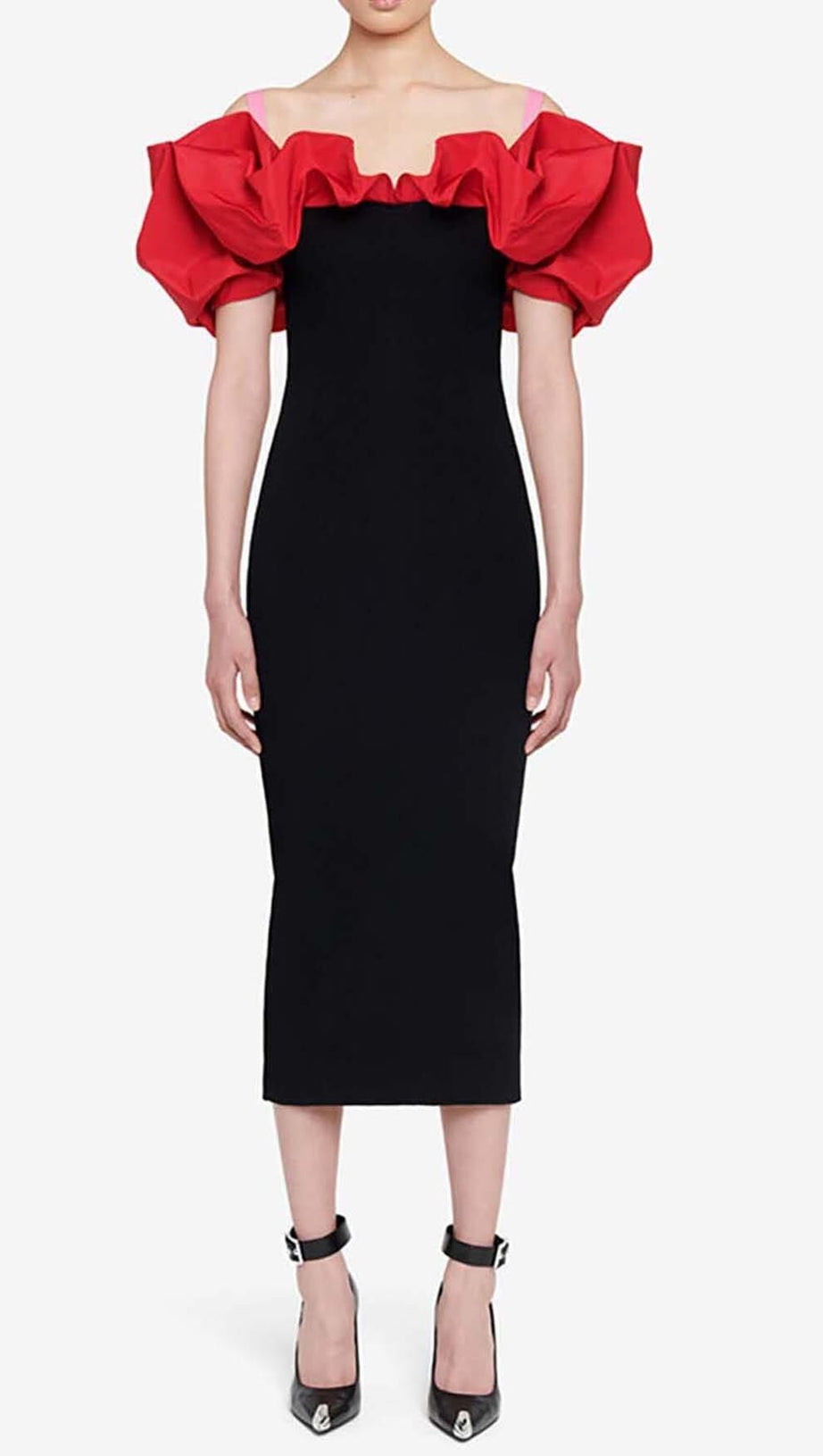 RUFFLED PENCIL MIDI DRESS IN BLACK