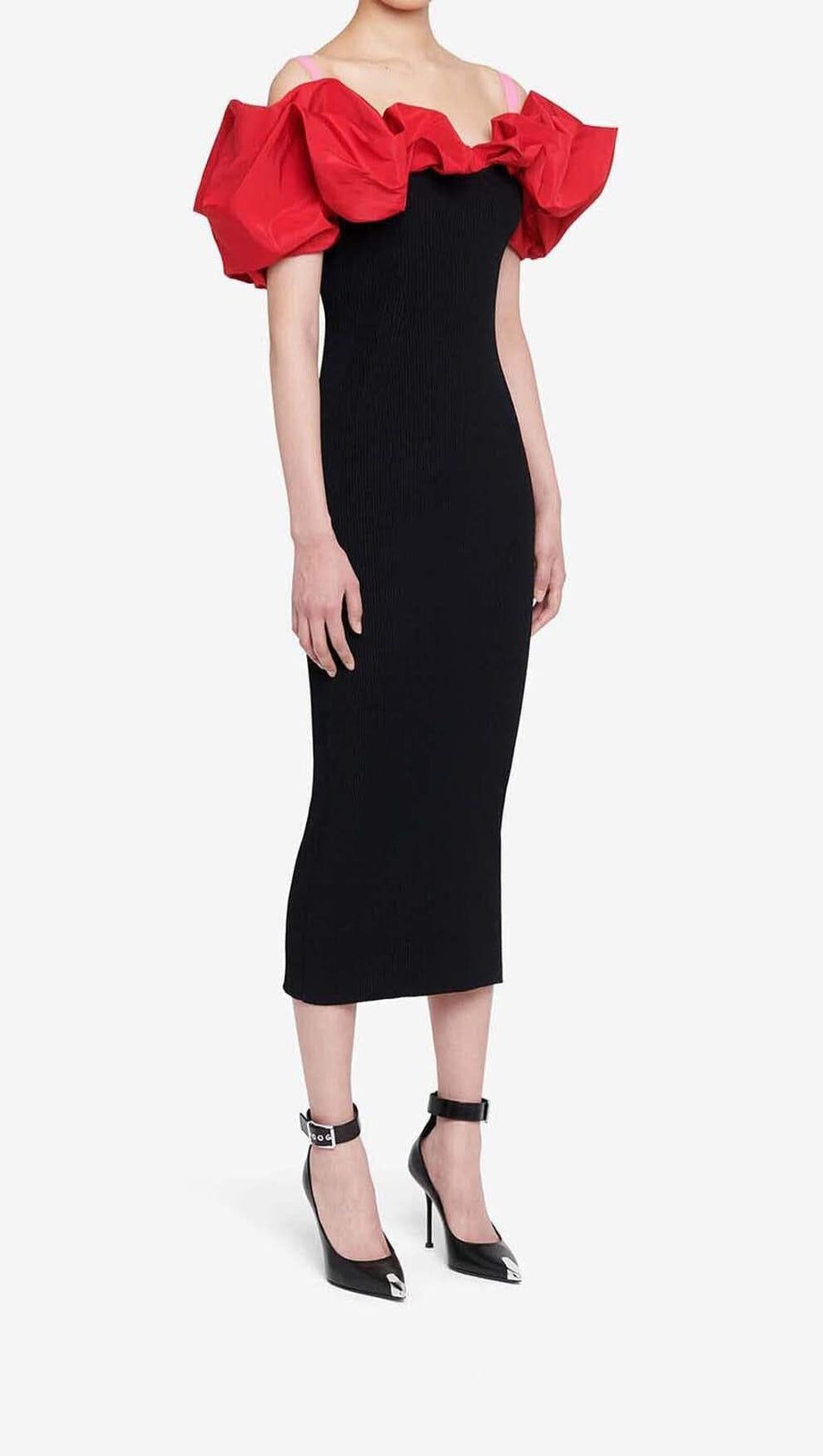 RUFFLED PENCIL MIDI DRESS IN BLACK