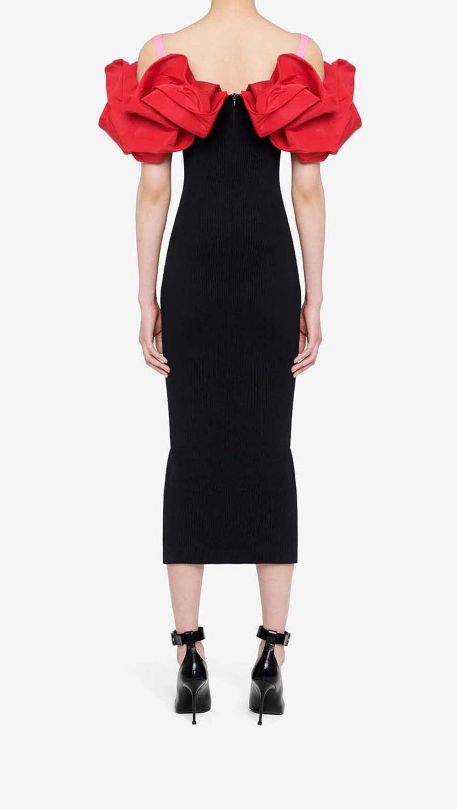 RUFFLED PENCIL MIDI DRESS IN BLACK