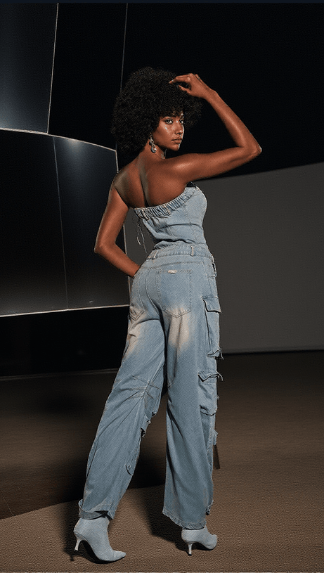 EDEN STRAPLESS POCKET DENIM JUMPSUIT IN BLUE