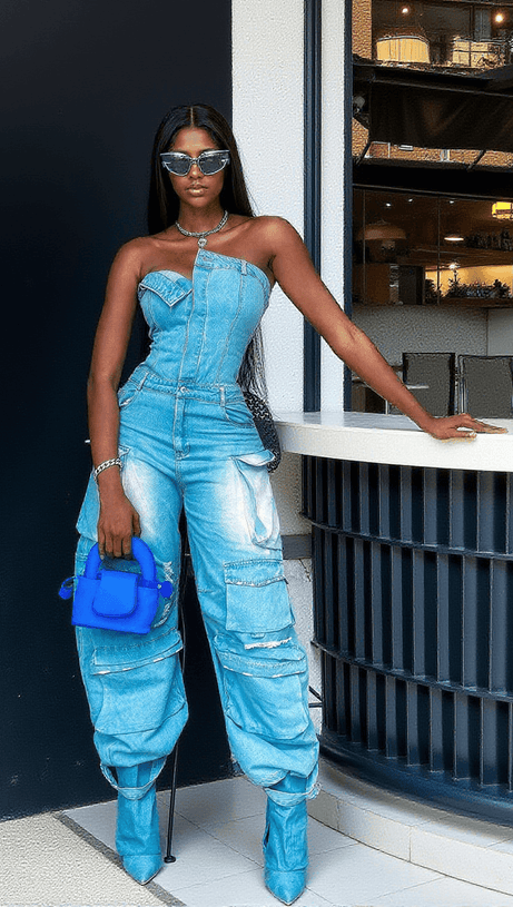 EDEN STRAPLESS POCKET DENIM JUMPSUIT IN BLUE