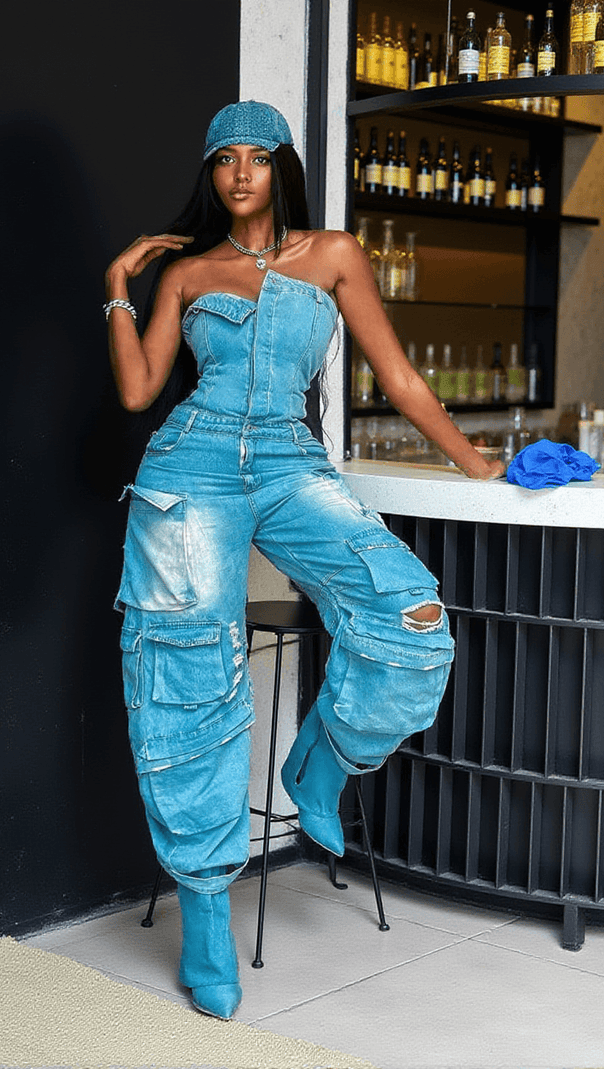 AIIZIE EDEN STRAPLESS POCKET DENIM JUMPSUIT IN BLUE - product image
