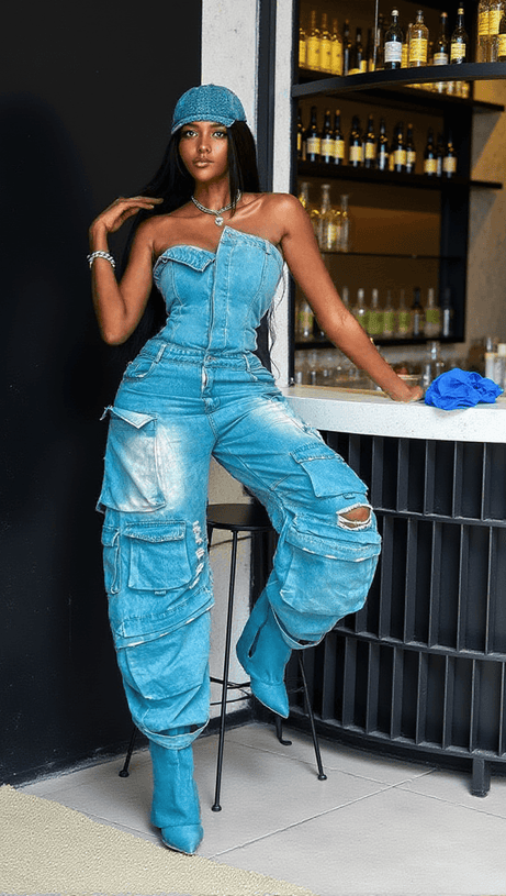 EDEN STRAPLESS POCKET DENIM JUMPSUIT IN BLUE