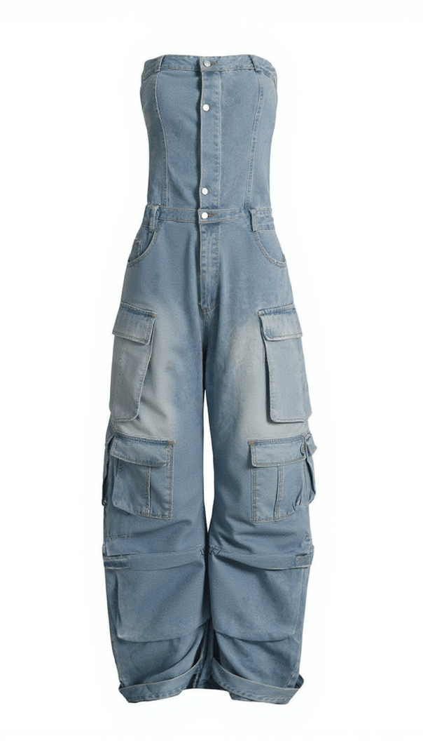 AIIZIE EDEN STRAPLESS POCKET DENIM JUMPSUIT IN BLUE - product image