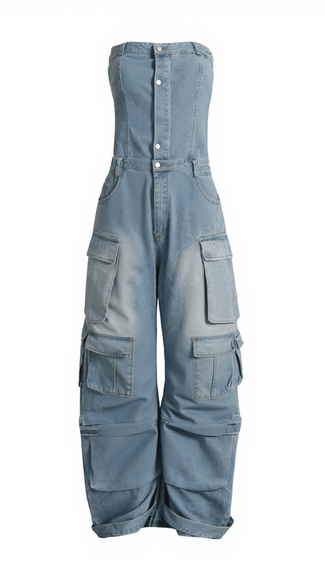 EDEN STRAPLESS POCKET DENIM JUMPSUIT IN BLUE